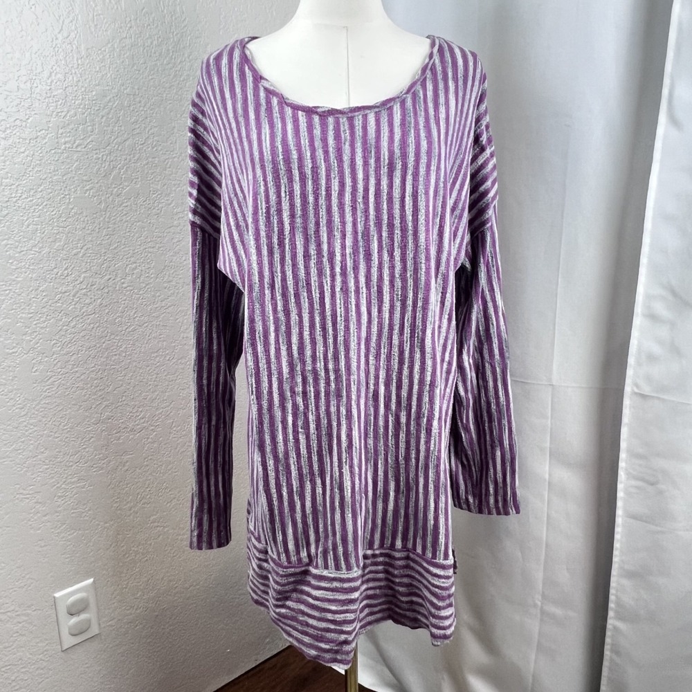 Soft Surroundings Softened Stripes Tunic Top Womens Large Purple Cozy Boho Artsy